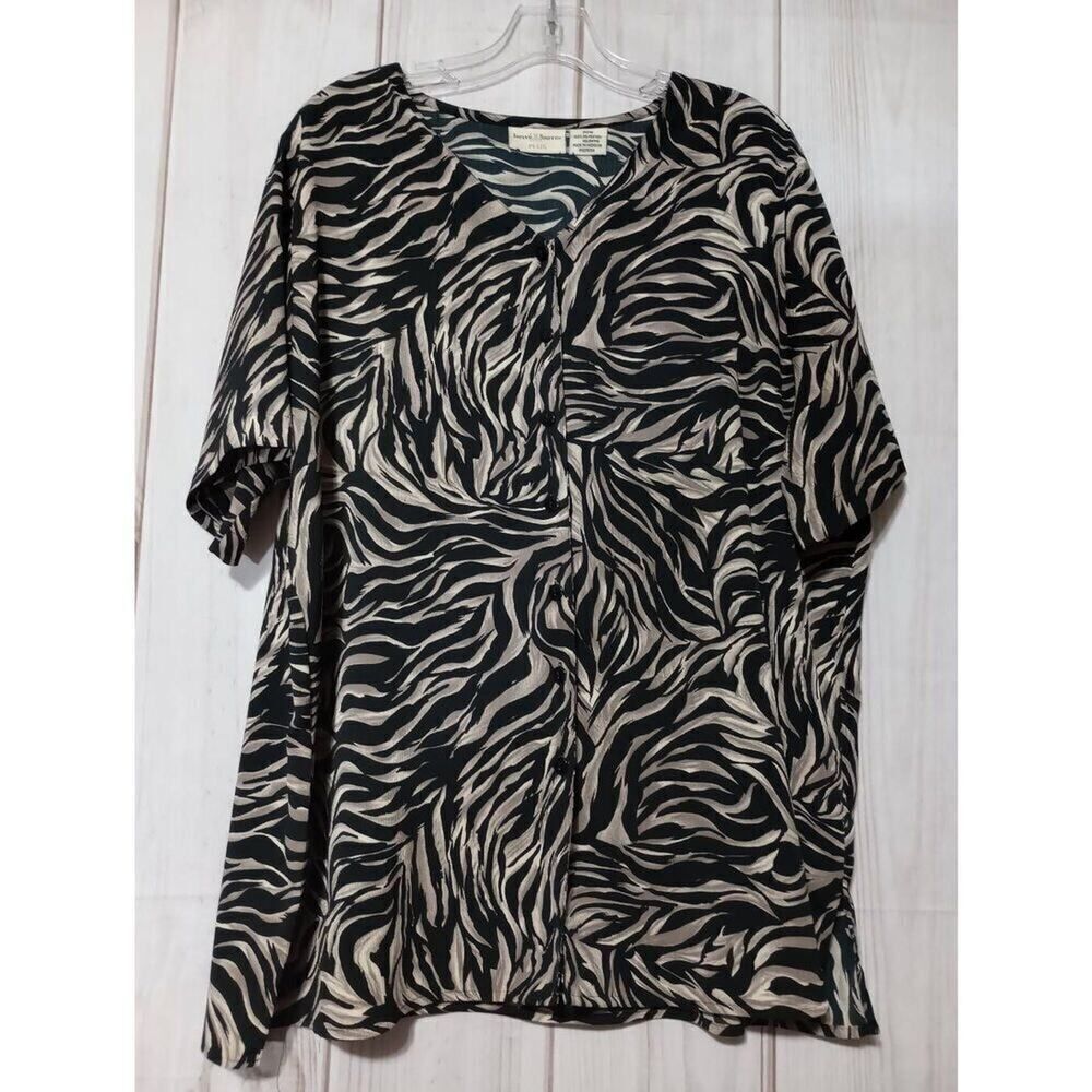 Jaclyn‎ Smith Plus Women 20W Zebra Animal Print Button Down Blouse Black Tan